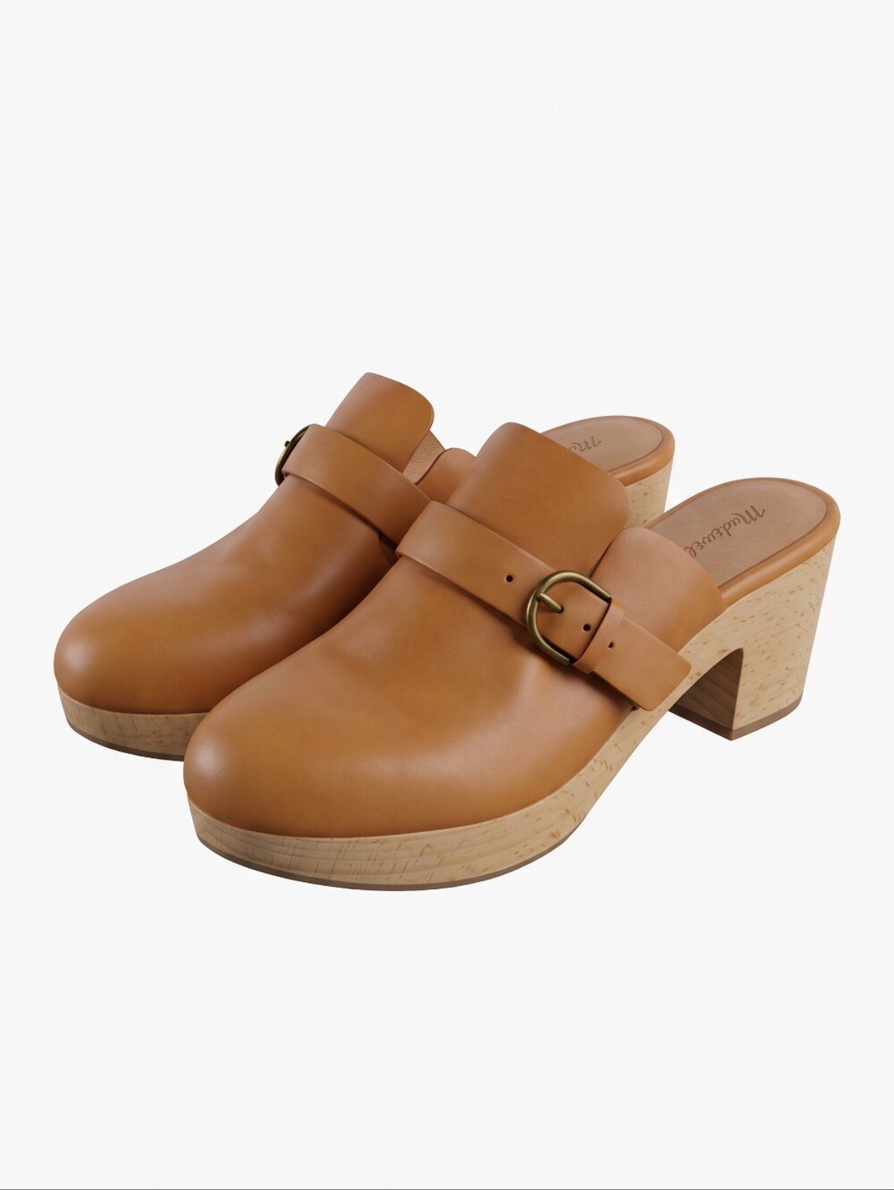 Madewell Tan Leather Buckle Clog Mules with Block Heel